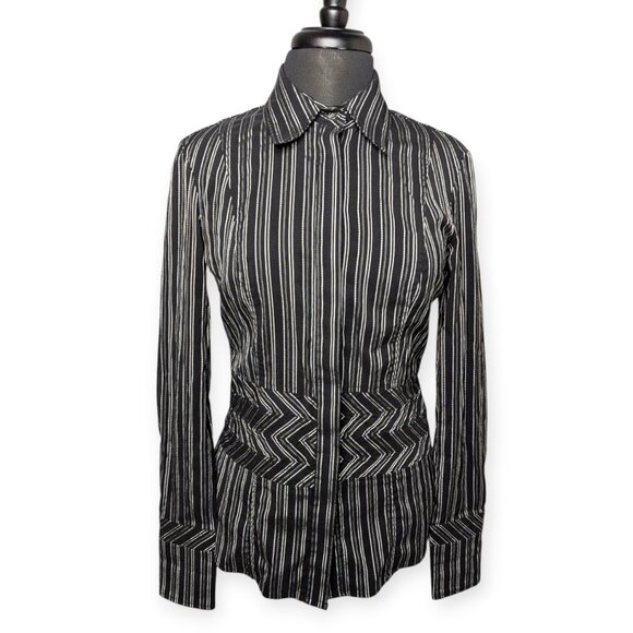 Debbie Shuchat Black White Pinstriped Long Sleeve Button Front French Cuffs Sz 6 - Picture 1 of 16